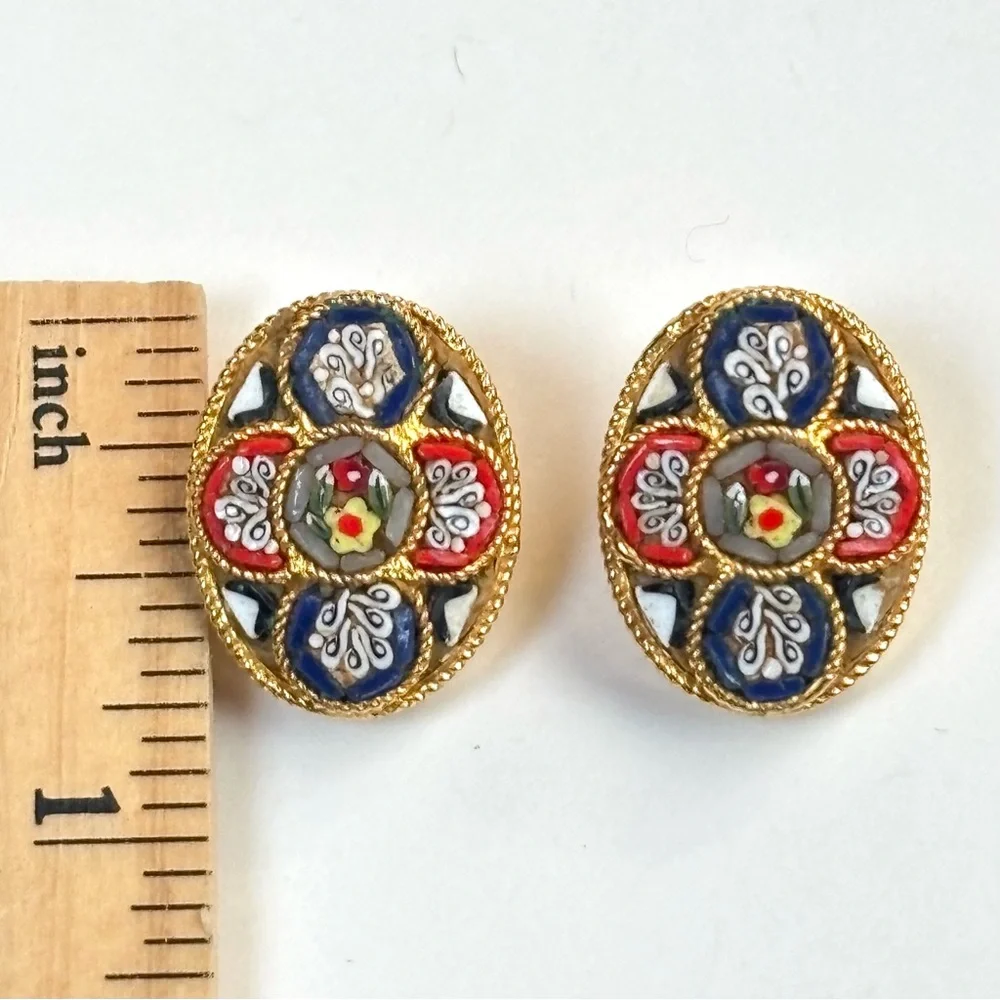 Vintage Italian Glass Micro Mosaic Oval Gold Tone Clip-on Earrings 1950’s Estate